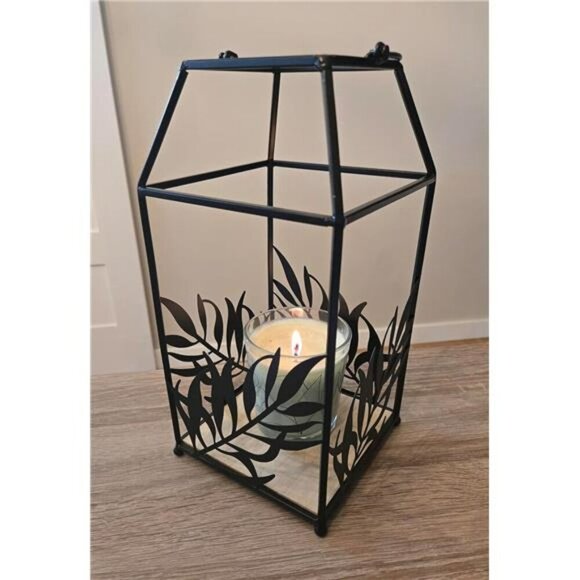 Black Metal Candle Lantern Indoor Outdoor Leaf Design Decorative Centerpiece - Picture 4 of 6